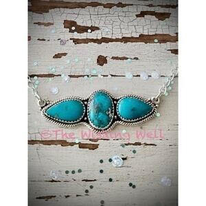 Persian Turquoise Three Stone Oval Pear shape Necklace 16-18”